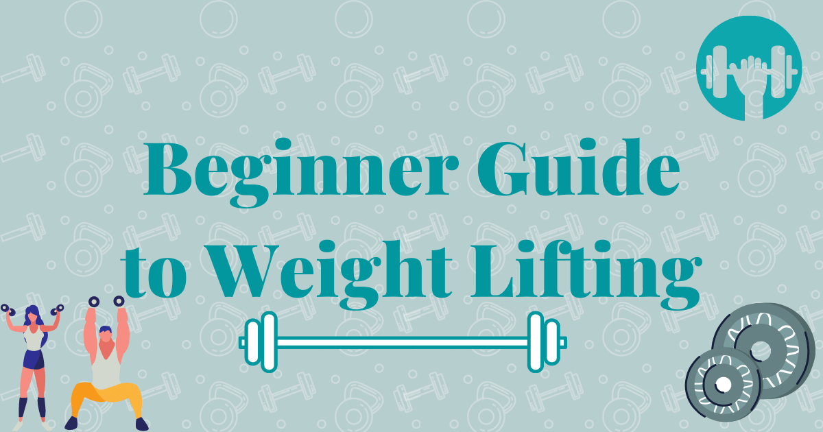 Graphic of a woman and man lifting weights with other weights around them and showing off a beginner's guide to weight lifting