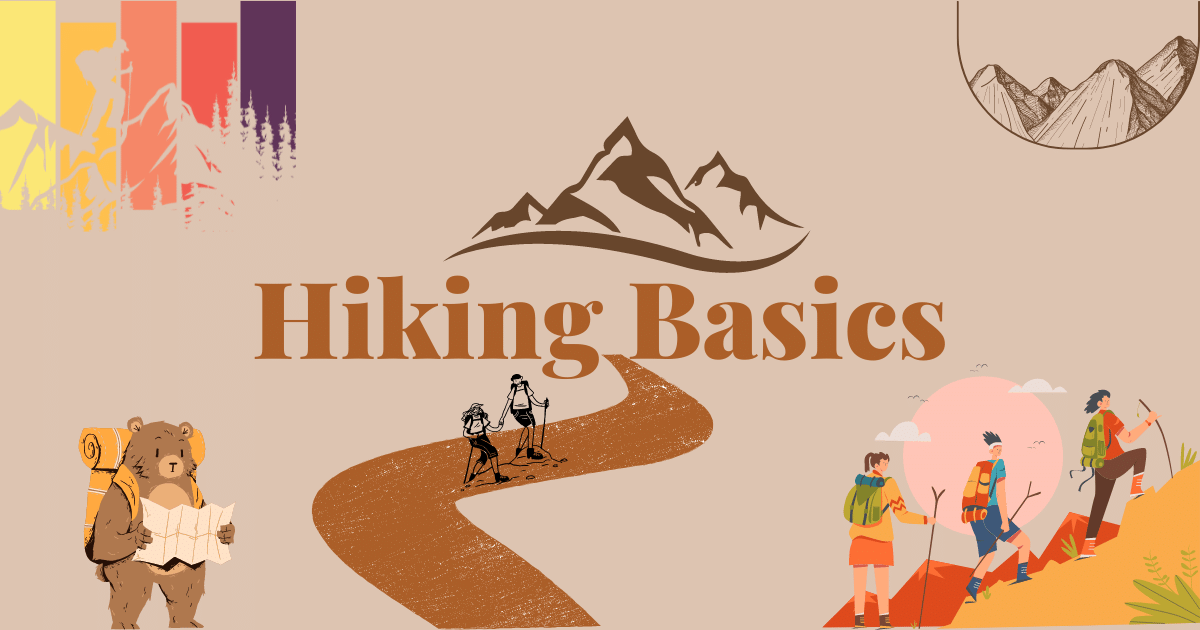 graphic of people hiking and mountains to show the basics of hiking